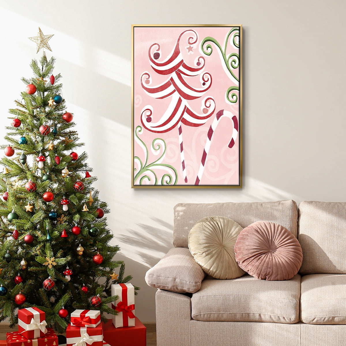 Candy Cane Holiday I - Framed Gallery Wrapped Holiday Canvas - 17 x 25 - Gold Frame