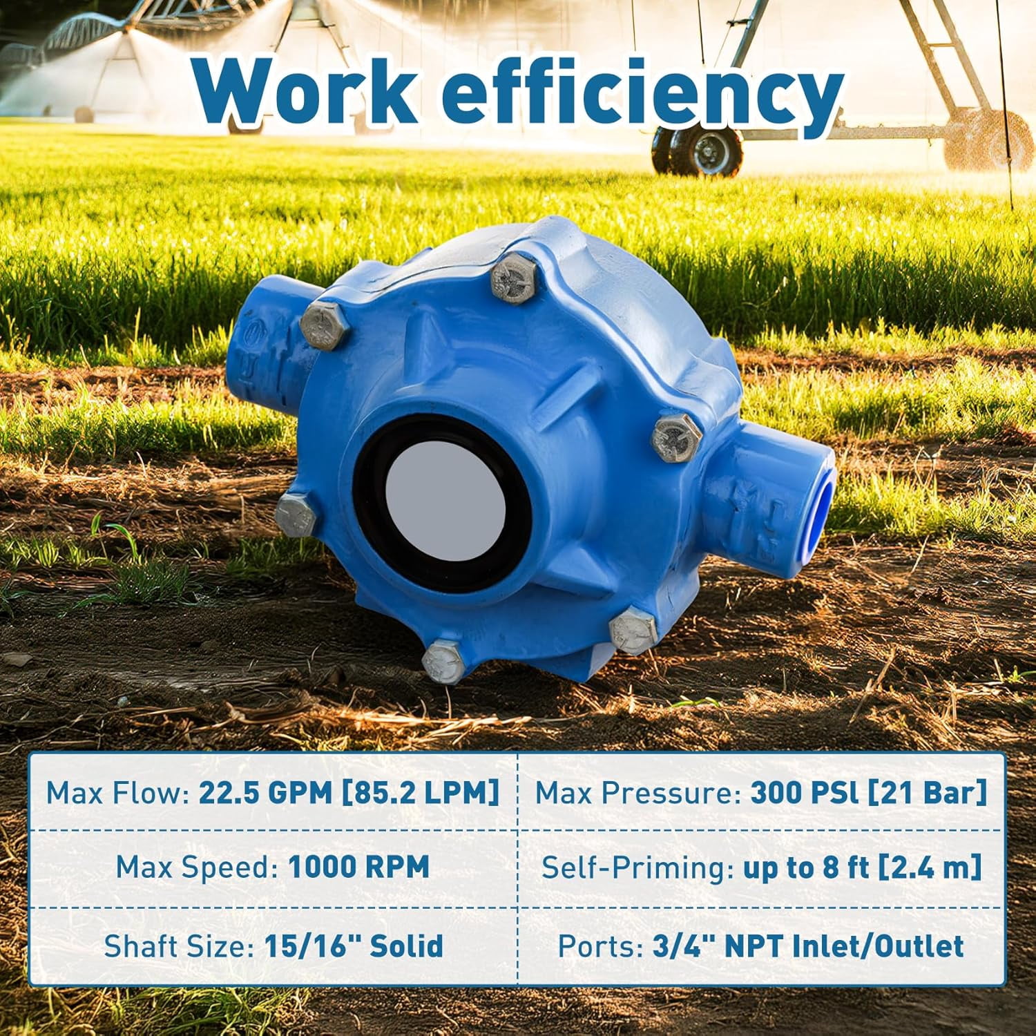 7560C Cast Iron 8 Roller Pump Compatible with Hypro 7560C, 22.5GPM, 300PSI Max Pressure, 3/4" NPT, 15/16" Solid Shaft for Agricultural Industry