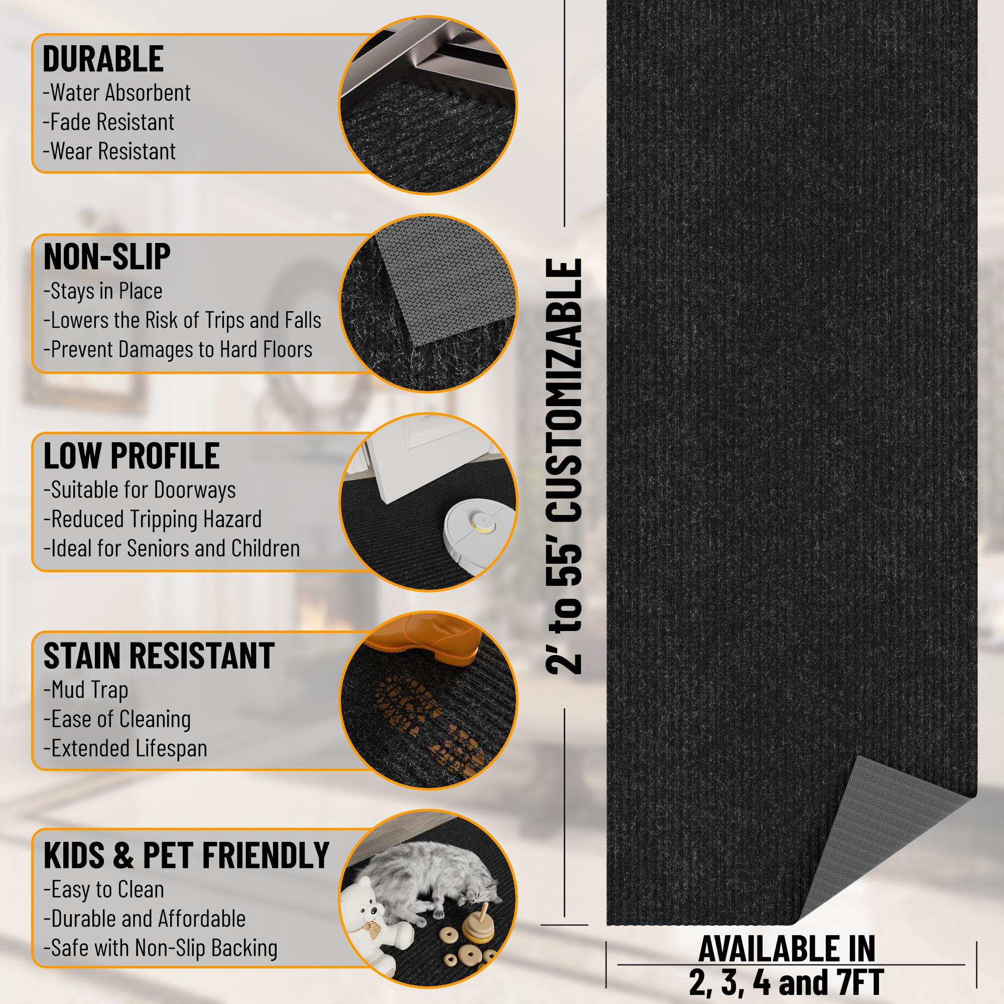 Sweet Home Stores Custom Size Waterproof Non-Slip Rubberback 3x10 Indoor/Outdoor Utility Runner Rug, 2'7" x 9'10", Black