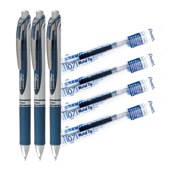 Stylo gel rétractable EnerGel, pointe moyenne 0,7 mm, paquet de 3 stylos + 4 recharges, encre bleu marine