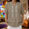 thumbnail image 3 of IPYUI Womens Linen Button Down Shirts Retro Embroidered Blouse Peasant Blouses Stylish Tops V Neck Ladies Tops And Blouses Gauzy Tops Boho Top 3/4 Length Sleeve Tops Loose Fit Shirts Elbow Sleeve, 3 of 9