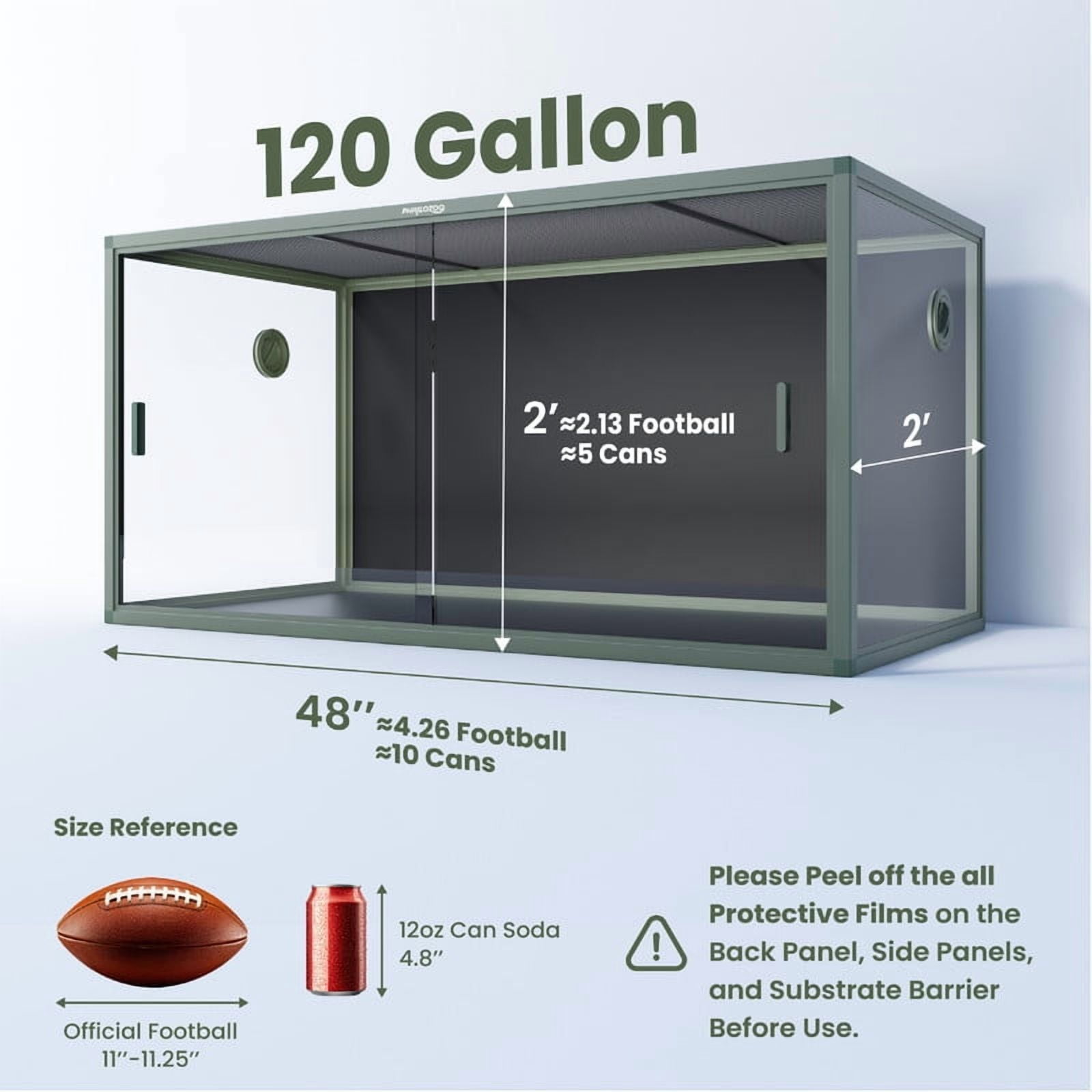 Phailozoo 120-Gallon Terrarium, Front Opening Reptile Enclosure with Top Screen Ventilation, 4x2x2