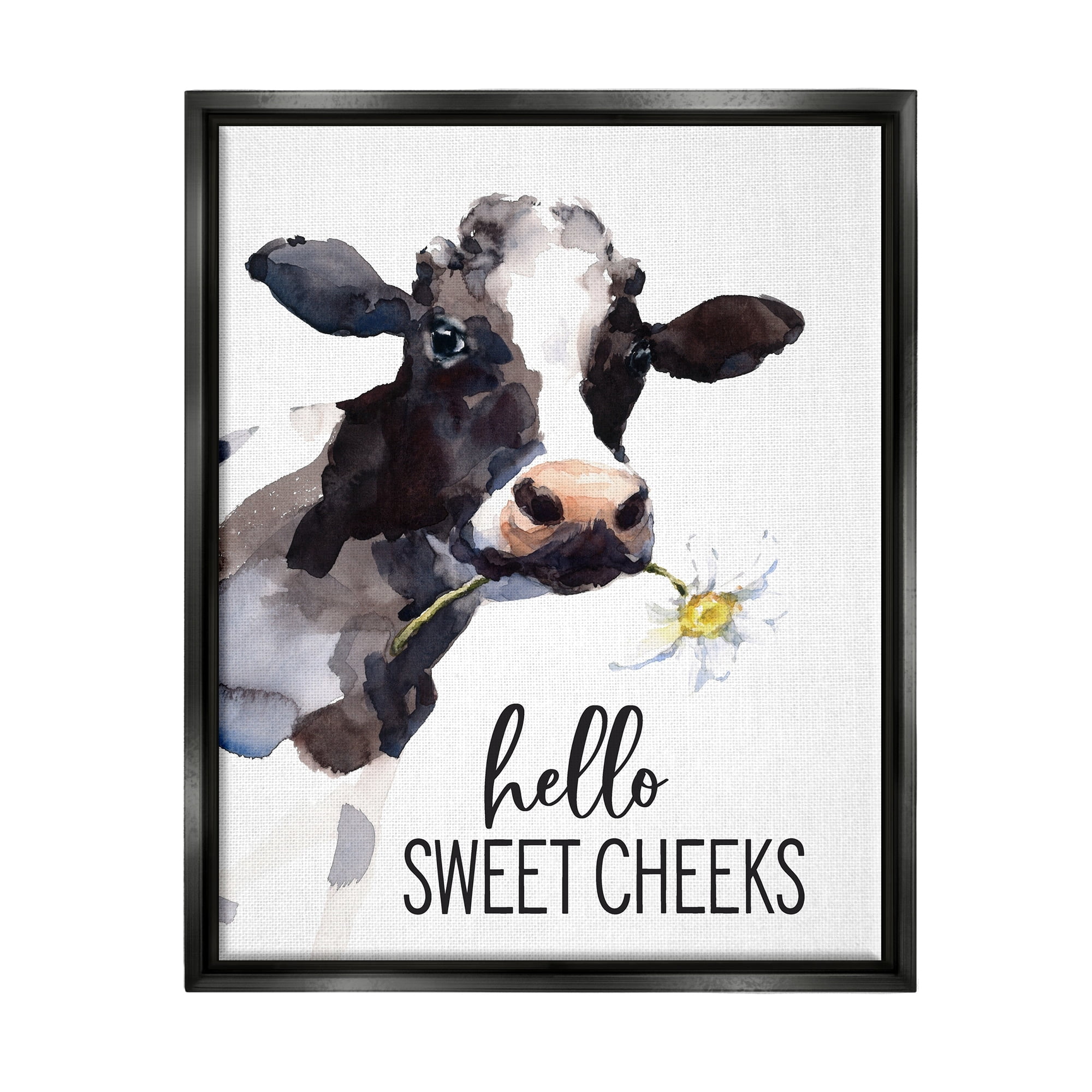 Stupell Industries Hello Sweet Cheeks Country Cow Cattle Holding Flower Graphic Art Jet Black Floating Framed Canvas Print Wall Art, Design by Lettered and Lined