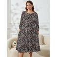 thumbnail image 2 of SHOWMALL Womens Plus Black Dresses Fancy Peachy Leopard 5X Casual Dress 3/4 Sleeves Midi Dress Boat Neck Flowy Dress with Pockets, 2 of 9