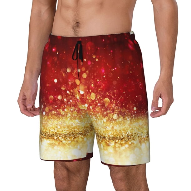 Fotbe Red Gold Glitter Traje de Baño para Hombre – Shorts de Natación de Secado Rápido con Forro y Bolsillos-Small