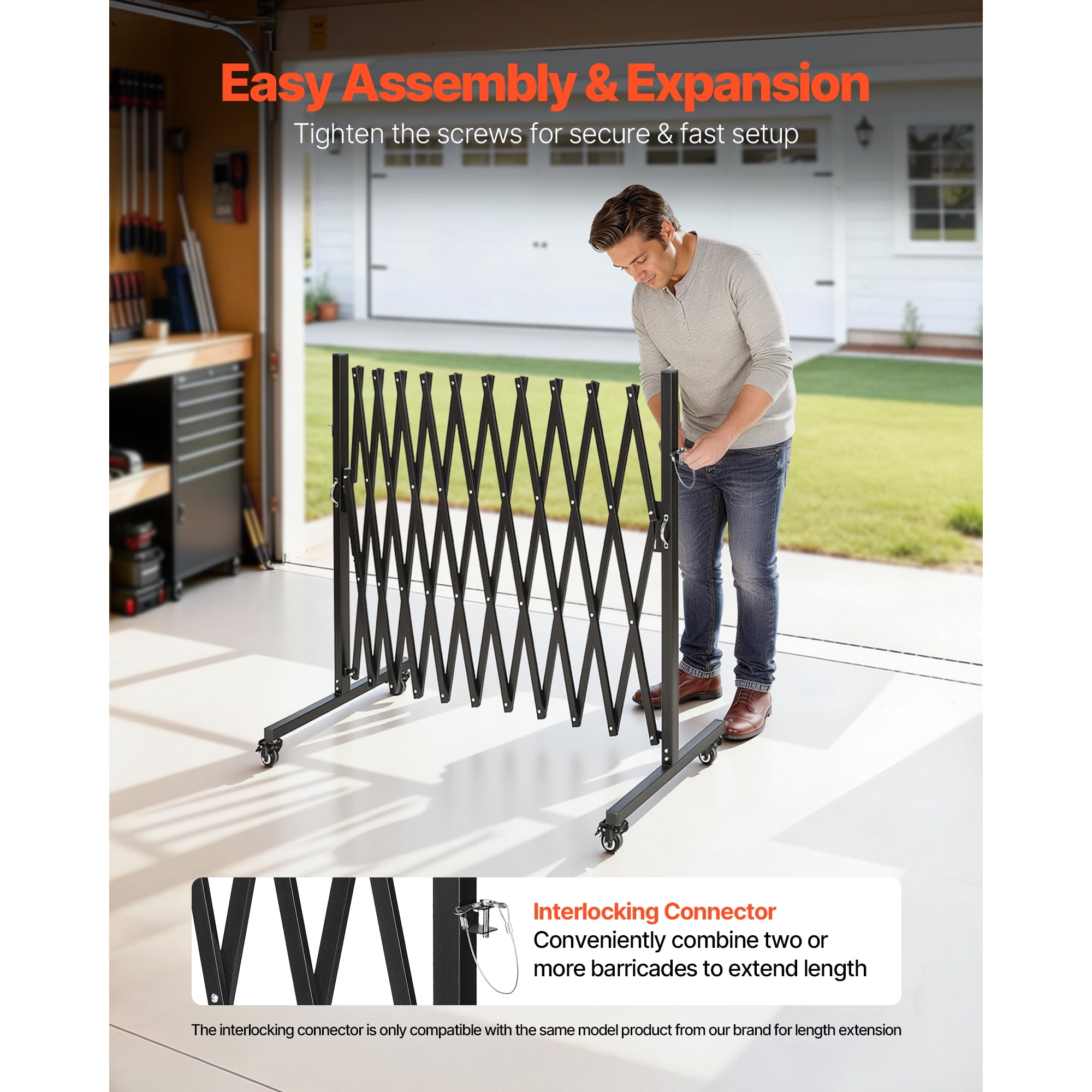 KFFKFF Expandable Barricade, 11FT Adjustable Safety Barrier, Mobile Folding Gate with Lockable Wheels, Portable Metal Traffic Fence for Patio, Garden, Stairways
