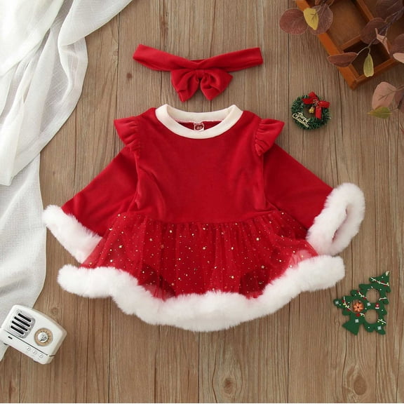 Toddler Christmas Dresses for Girls Long Sleeve Crew Neck A-Line Girls Winter Dresses Romper Baby Christmas Outfit Christmas Dresses for Toddler Girls 18-24 Months