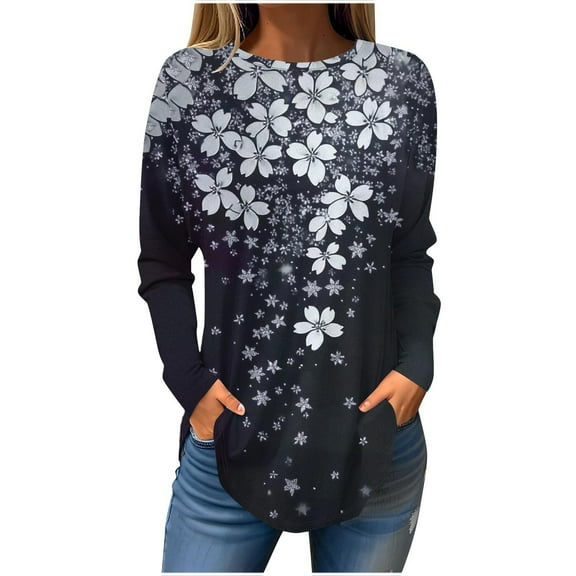 Ruimatai Women's Casual Printed Long Sleeve Crew Neck T-Shirt Drop Shoulder Blouse Top for Daily Wear Travel Work Polyester Spandex