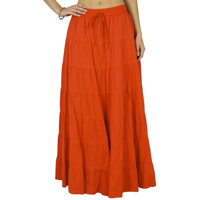 Phagun Women's Ethnic Design Summer Cotton Skirt, Orange, 8