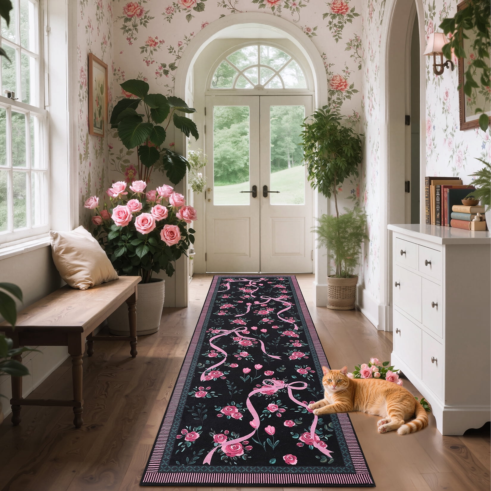 Hasoo 2'x 6' Floral Throw Rug Modern Indoor Carpet Soft Non Slip Runner for Bathroom Entryway Dorm, Black