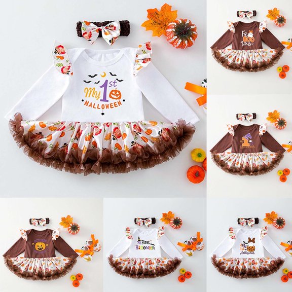SOFTCCLO Baby Girl Halloween Outfit Party Long Sleeve Romper Dress Headband Comfortable Casual 2 Piece Sets Size 0-3M