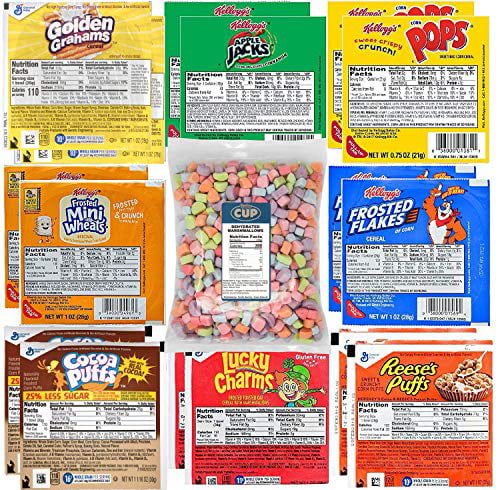 Kellogg&amp;#39;s &amp; General Mills Cereal Bowl Variety - Apple Jacks, Mini Wheats, Corn Pops, Special K, Frosted Flakes, Coco Puffs, Lucky Charms, Reese&amp;#39;s Puffs + 1 Bag of Cereal Marshmallows