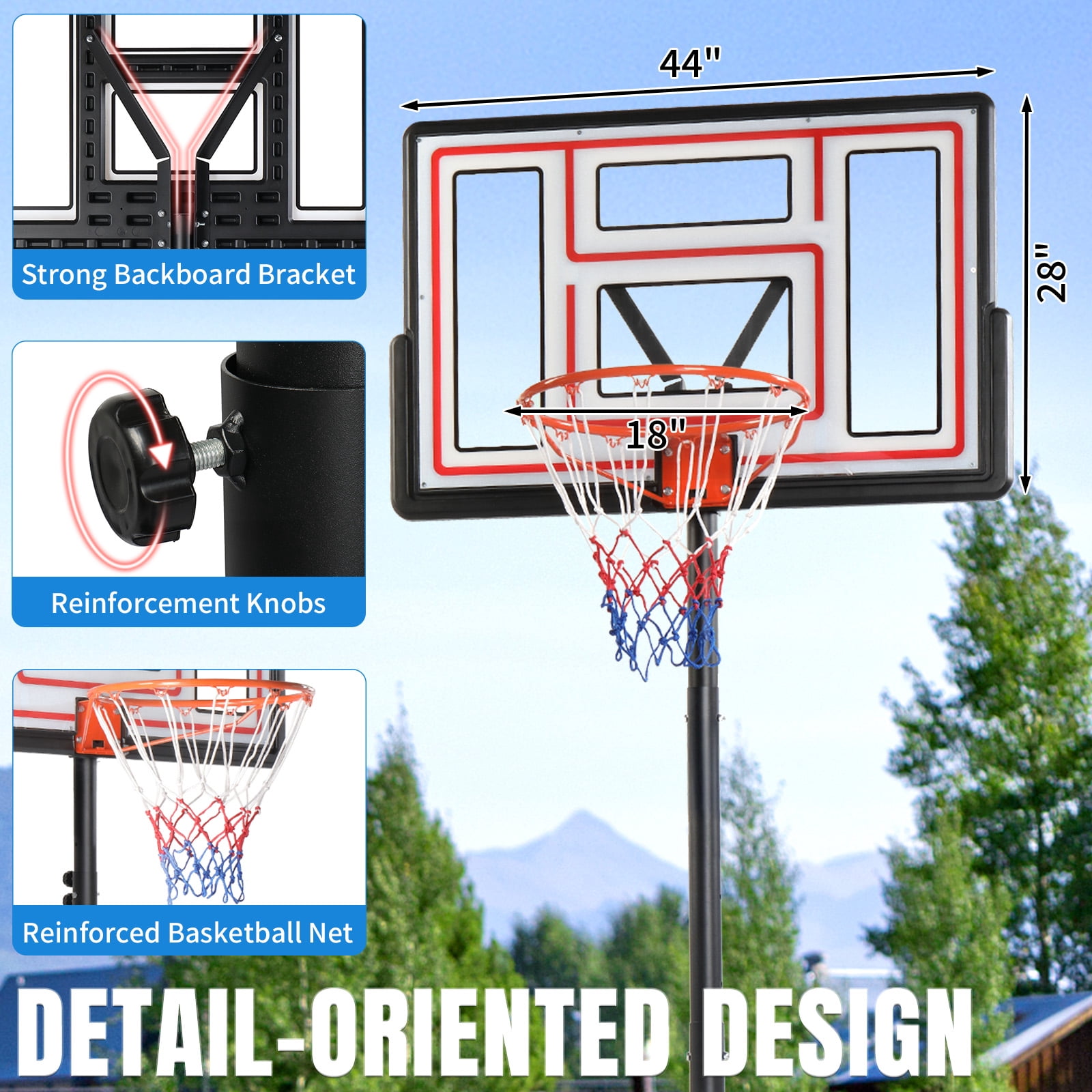 Ktaxon 44inch Portable Basketball Hoop Outdoor, Basketball Goal System 4.4-10ft Height Adjustable, Shatterproof Backboard, Red