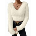thumbnail image 3 of Women'S Fuzzy Long Sleeve V Neck Crop Sweater Casual Plain Slim Fit Warm Knitwear Sweater Pullovers Apricot L, 3 of 8
