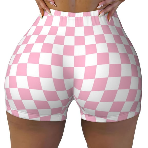 Seamless Workout Shorts Women - pink pastel checkered Biker Gym Running Yoga Spandex Shorts for Women