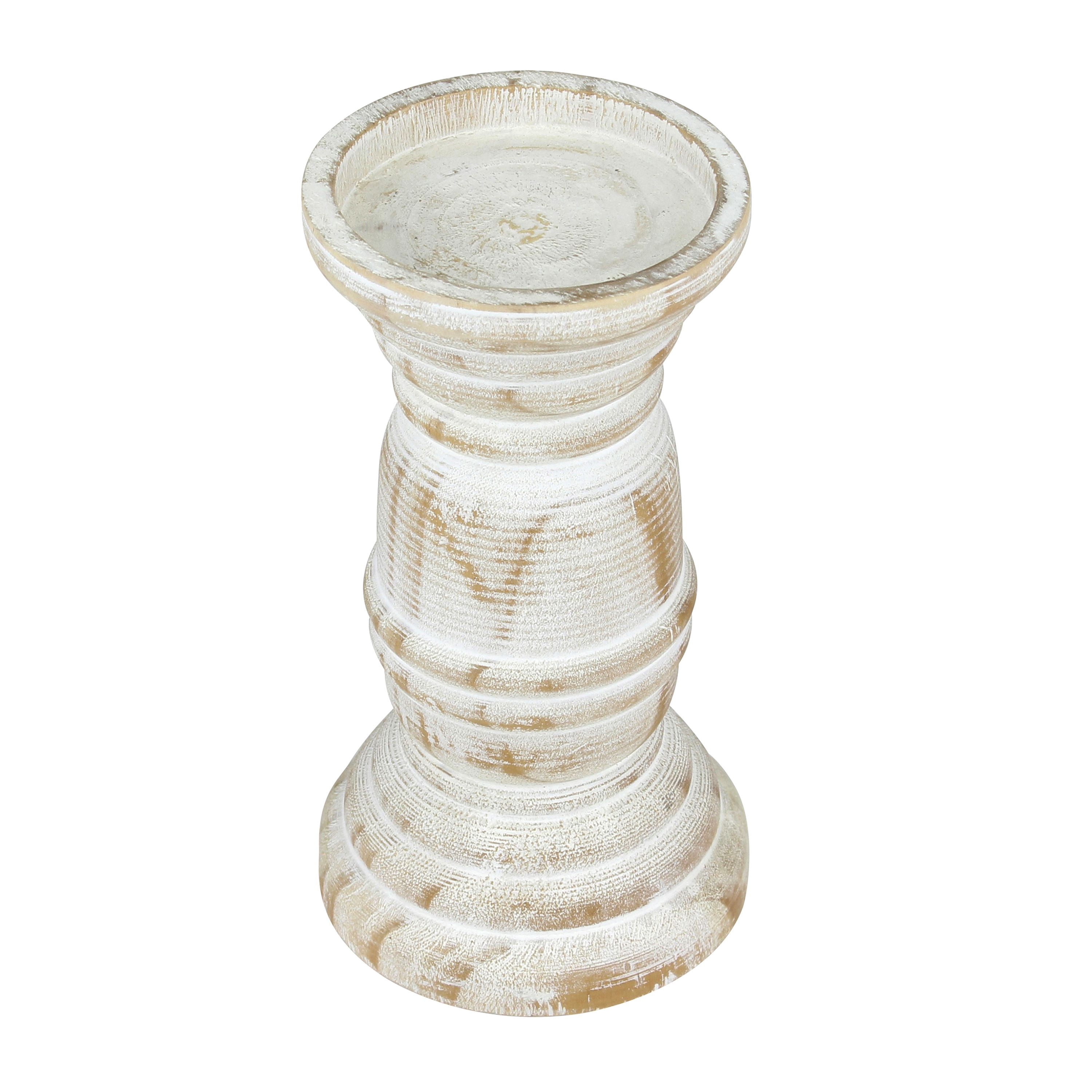 Stonebriar Tabletop 8" Coastal Wood Pillar Candle Holder, Off-White