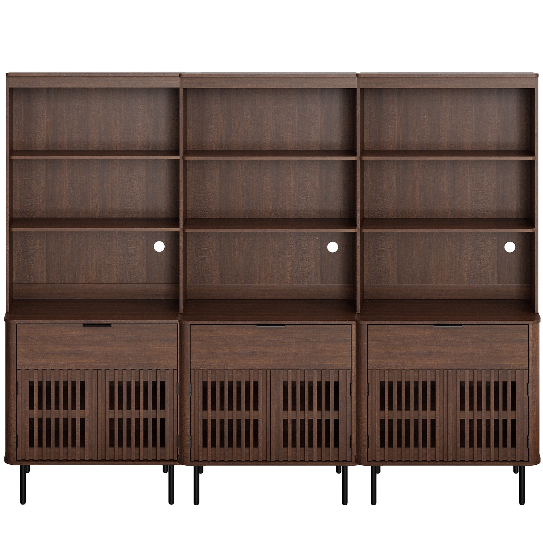 3-in-1 72.8" Fluted Pantry Cabinet with Doors & Drawer, Adjustable Shelf, Cable Mgmt, 5-Tier, Walnut