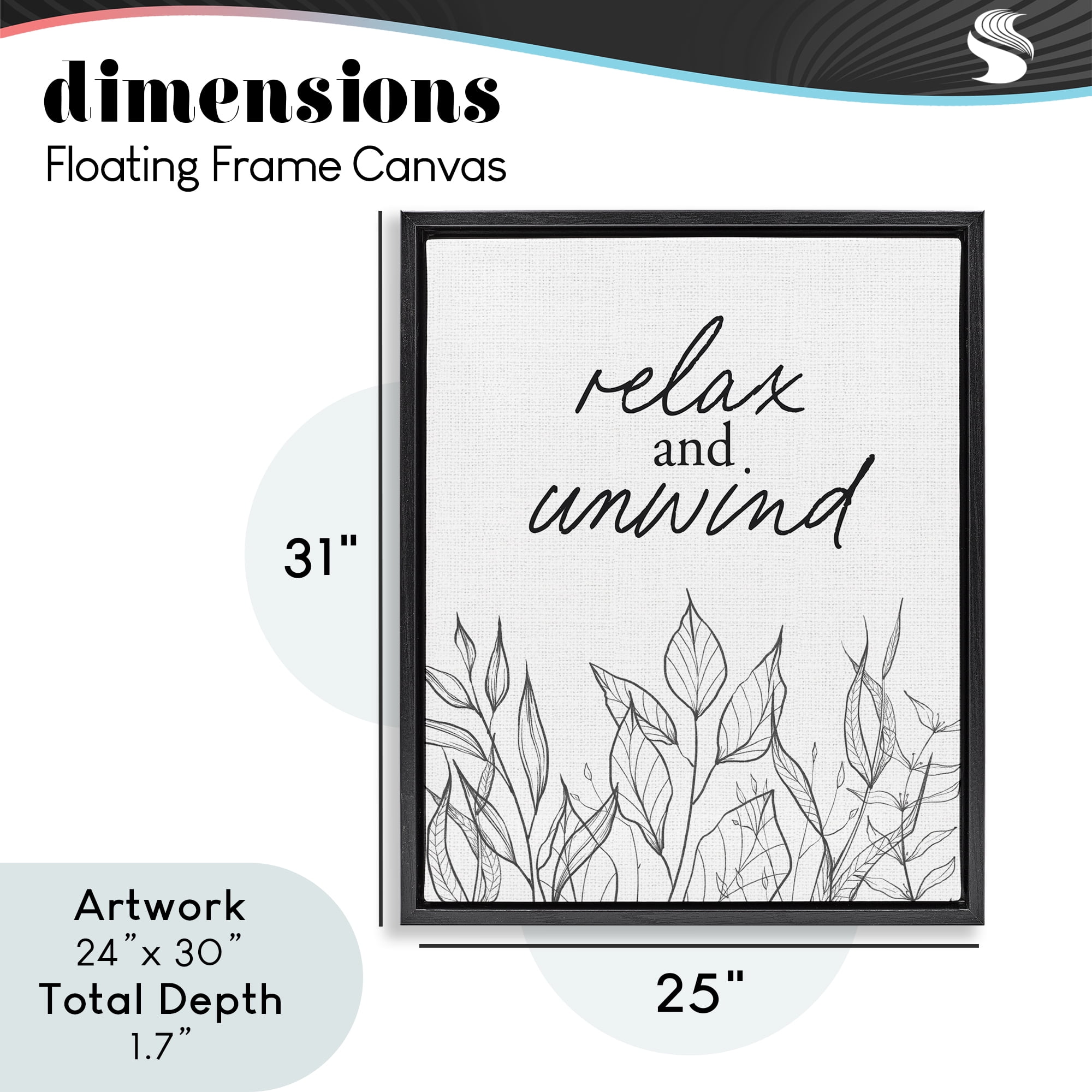 Relax Unwind Minimalist Leaves Black Framed Floater Canvas Wall Art, design by Lettered and Lined