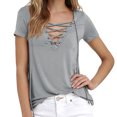 thumbnail image 3 of Camiseta con cordones y ojales para mujer, blusa de manga corta con cuello en V a la moda de Color puro de verano para el trabajo, 3 of 5