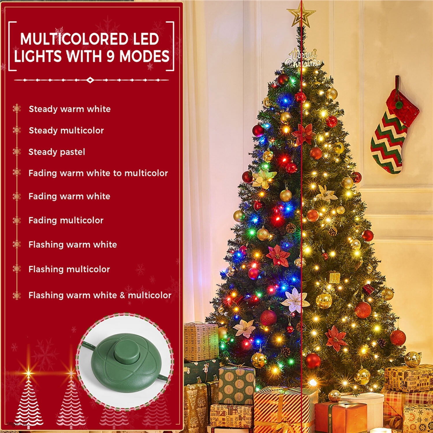 Alden Design 6FT Pre-lit Artificial Christmas Tree with Foldable Stand and Multicolored LED Lights, Green