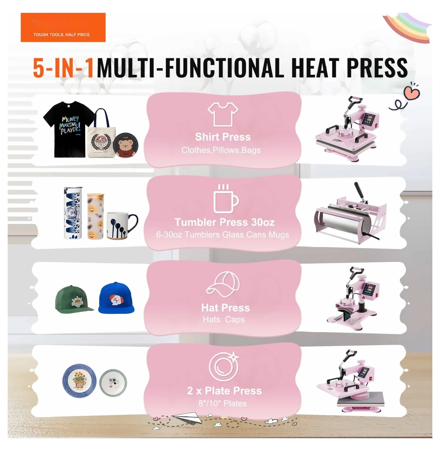 Heat Press Machine 12x15", 5 in 1 with 30oz Tumbler Press, Pink - T-Shirt, Mug, Hat Press for DIY Crafts