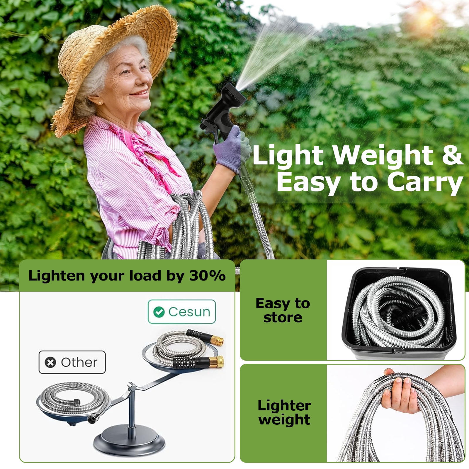 Kisportee Garden Hose 50ft, Heavy Duty Stainless Steel Water Hose with 10 Functional Nozzles, No Kink, Lightweight & Flexible, Easy to Use & Store, Strong and Sturdy, Suitable for Yard, Lawn
