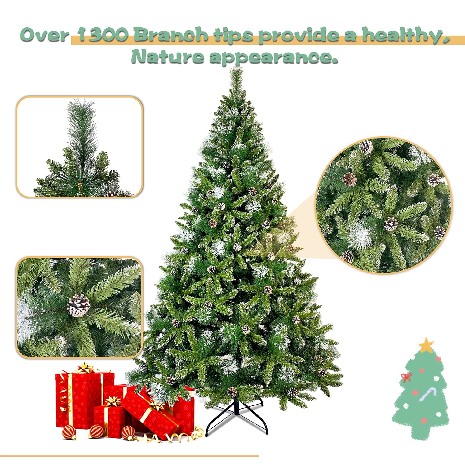 Kadyn 7.4ft Christmas Tree, Decorated with 65 Pine Cones and Realistic over 1300 Thicken Tips, Hinged, with Metal Stand, Easy Assembly, for Indoor and Outdoor Use