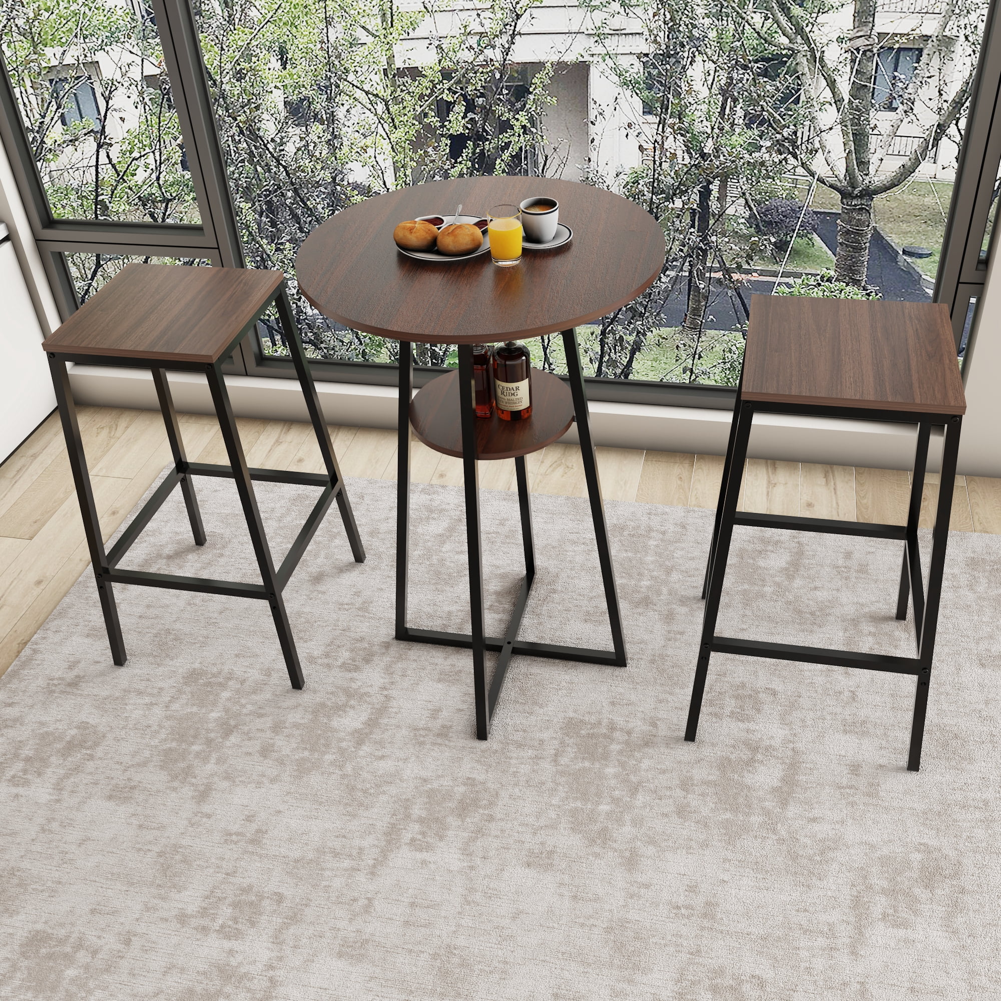 3 Piece Round Counter Height Bar Table Set With 2 Backless Bar Stools, Pub Bistro Table With Middle Storage Shelf, Industrial Wood Frame High Dining Table For Balcony, Kitchen & Small Apartment Home