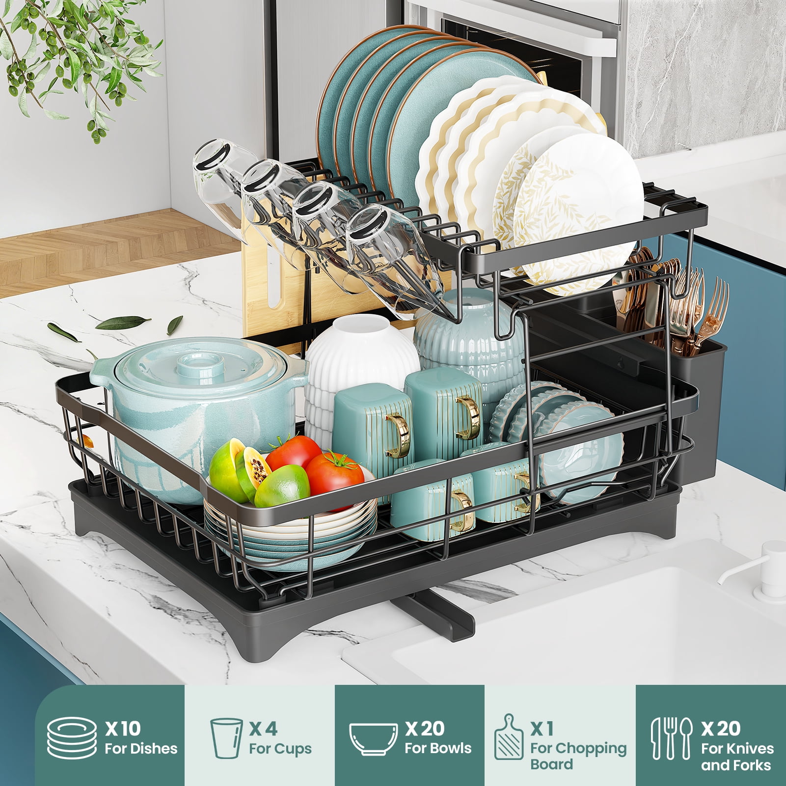Yeabett 2 Tier Dish Drying Rack Stainless Steel,Dish Racks with Water Tray Dish Drainer for Kitchen Counter with Utensil & Cup Holder