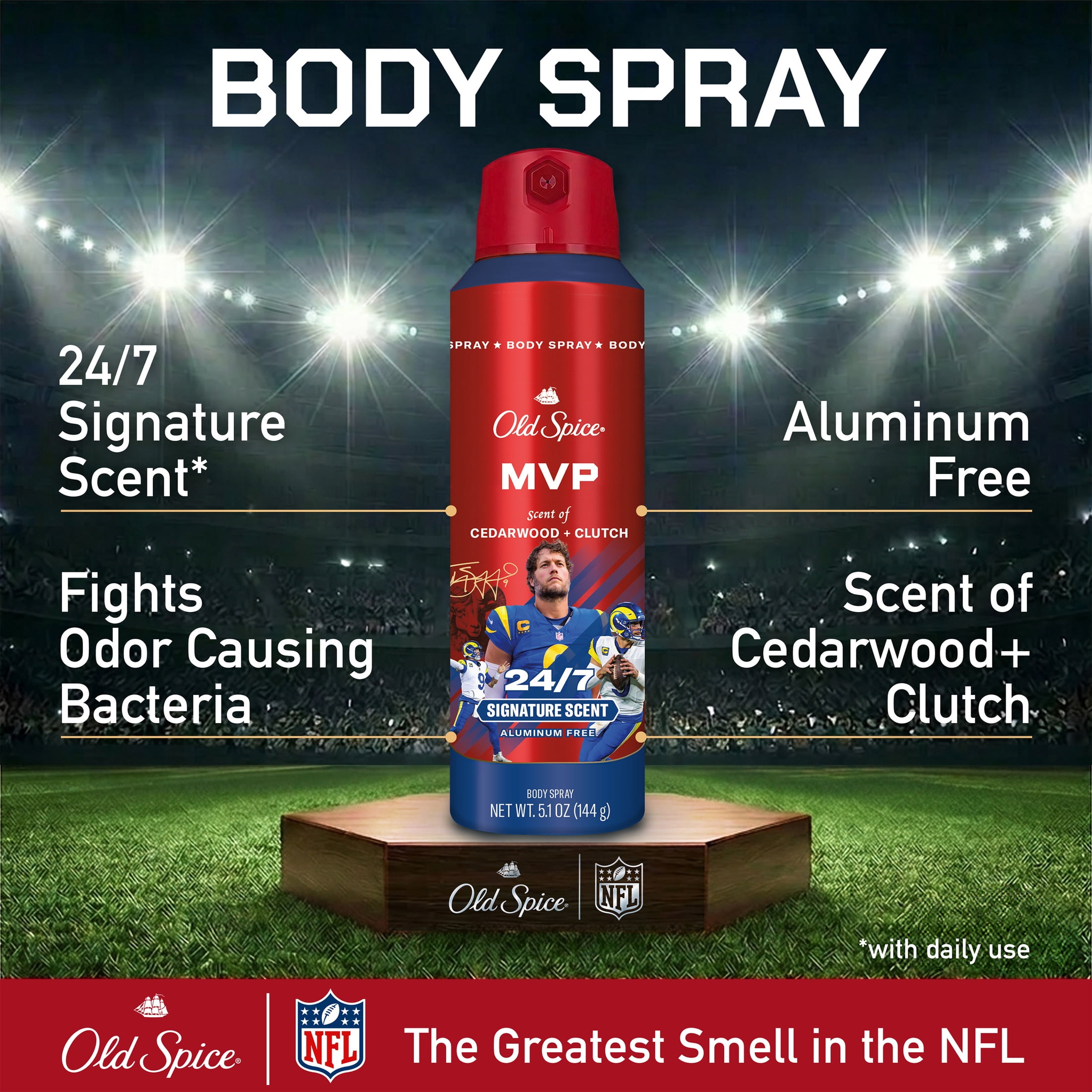 Old Spice Deodorant Body Spray for Men, Aluminum Free, NFL Collection, Matthew Stafford, Scent of Cedarwood + Clutch, 5.1 fl oz