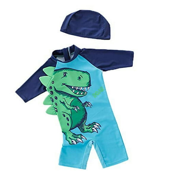 StylesILove Kid Boys Green Dinosaur Printed One-Piece Rash Guard with Sun Hat 2pcs Swimsuit Pool Swimwear Beach Bathing Suit (12-18 Months)
