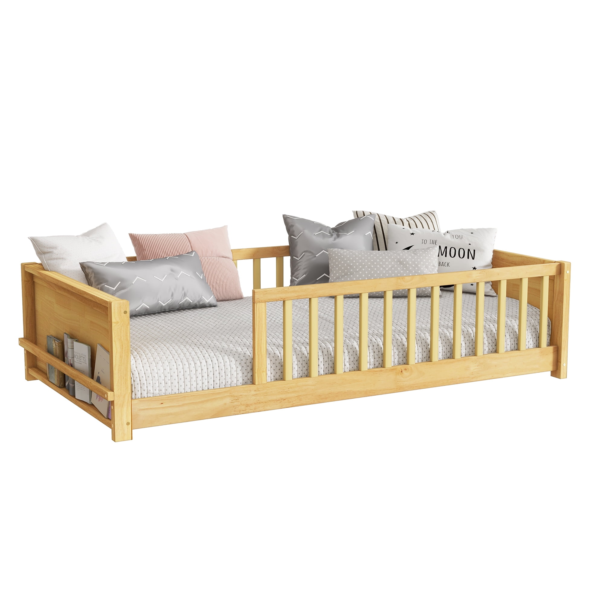 Yoneston Kids Twin Size Floor Platform Bed Frame with Built-in Book Rack Storage & Guardrails for Toddlers Teens Boys Girls Bedroom Furniture, Natural