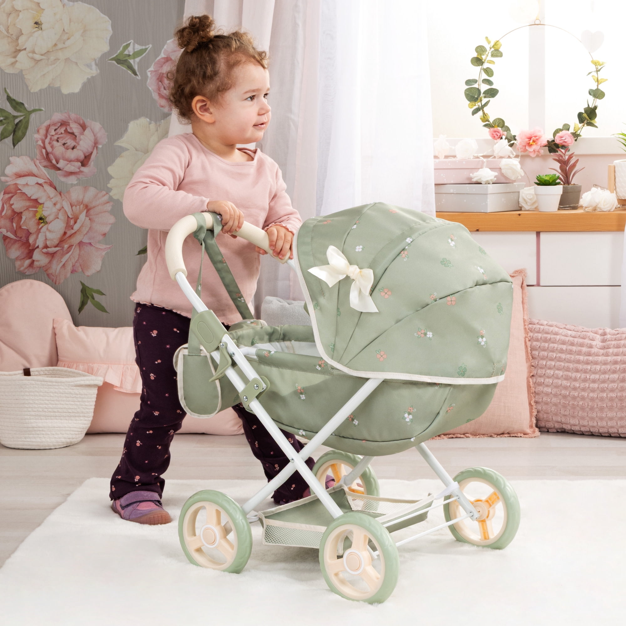 Bayer Design: Doll Pram Cosy - Green & Flowers - Play Push Stroller, Handbag, Blanket & Pillow, Folding, Toy Care Accessory Fits 18" Dolls, Kids 3+