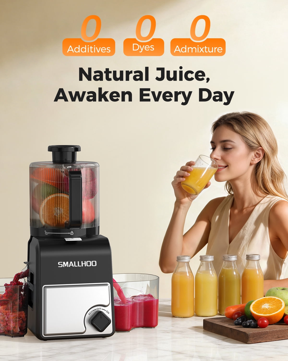 SMALLHOO Juicer Machines 6.5" Extra Wide Chute, 3-in-1 for Juice, Sorbet & Nut Milk, Cold Press Juicer for Whole Fruit, Quiet, Easy to Clean & BPA-Free