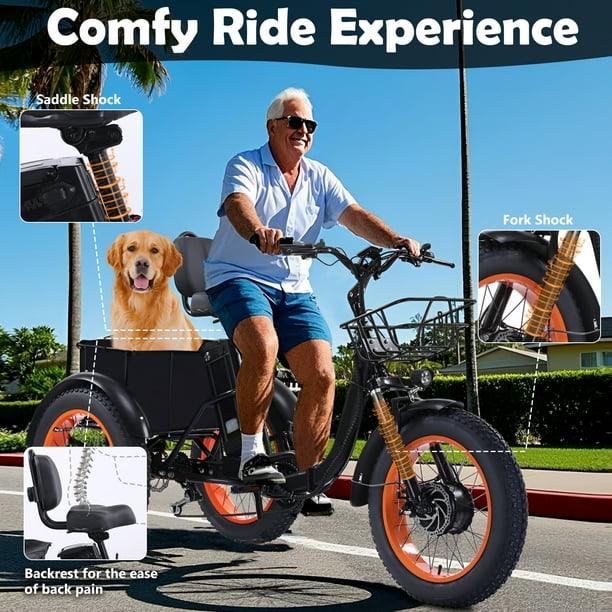 Tricycle Adulte MegLob 20'' X 4'' - 7 Vitesses, Pneus Larges, Panier Avant/arrière - Bleu/noir