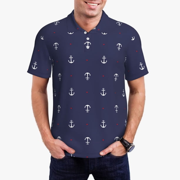 Balery Anchor Heart Blue Camisa Polo de Hombre con Estampado, de Manga Corta y Tejido Medio, Camisa Tipo Golf Polo-Small