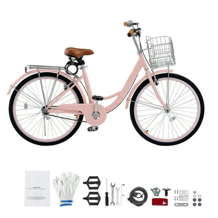KFFKFF 26" Cruiser Bike, Single Speed,Rose-Colored Seaside Cycling Bike with Spacious Basket and Back Stand, Reliable & Robust Leisure Bicycle with Modifiable Saddle