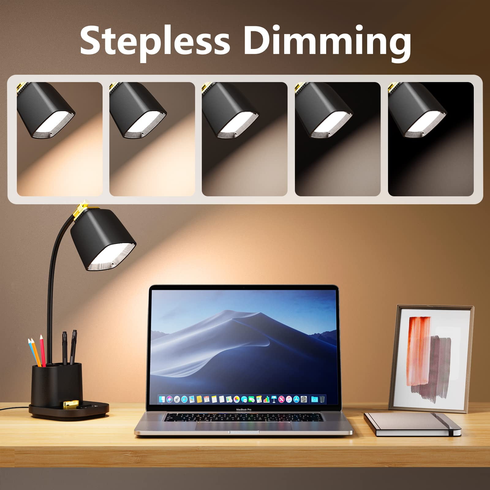 LED Desk Lamp with USB Charging Port Touch Control 3 Color Modes, Stepless Dimming, Home Office Desk Lamp, LED Small Desk Lamp in University Dormitory, Study Desk Lamp, Gooseneck Lamp