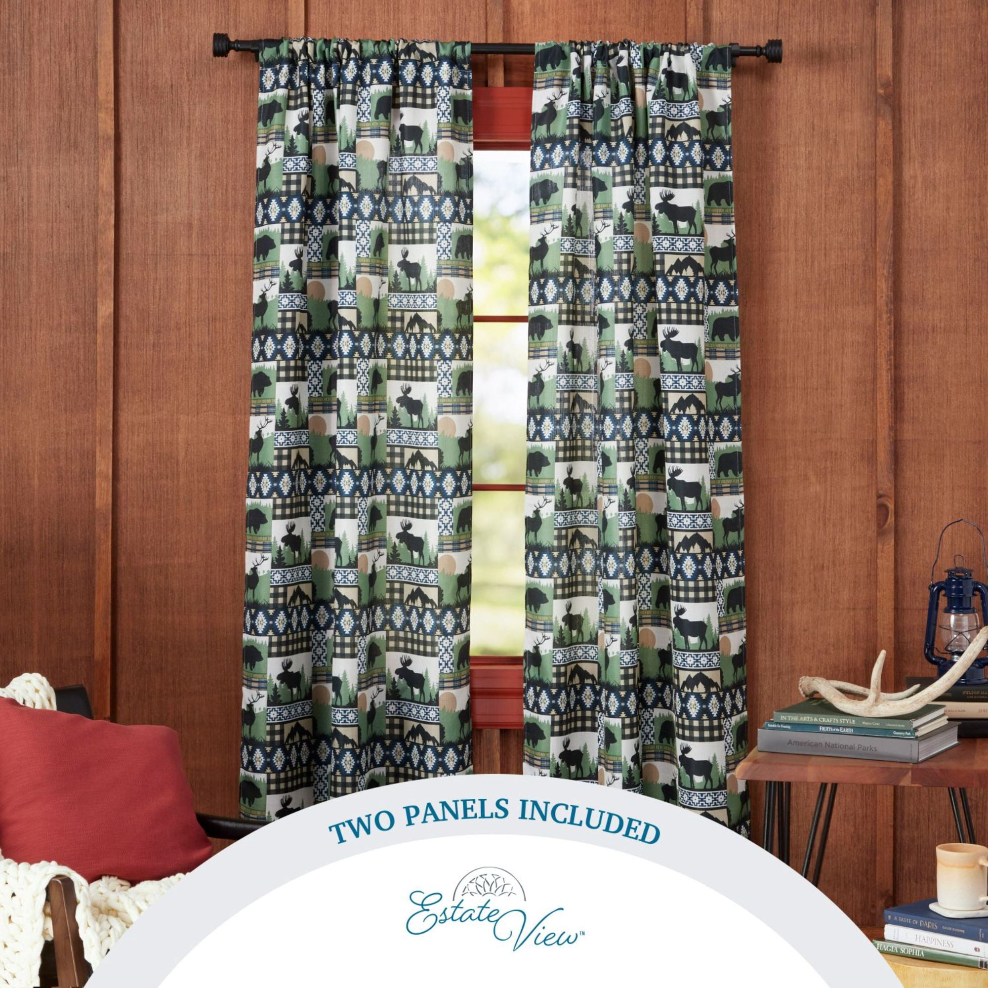 Estate View™ Moose Lodge Light Filtering Rod Pocket Curtain Panel Pair, 38"x84", Green Black