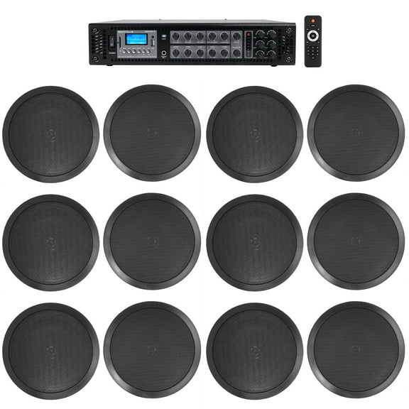 Rockville Commercial Receiver (12) 8" 2Way Black Ceiling Speakers 4 Hotel/Office