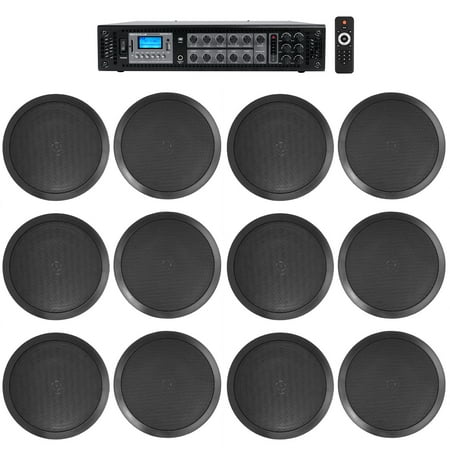 Rockville Commercial Receiver+(12) 8 2Way Black Ceiling Speakers 4 Hotel/Office