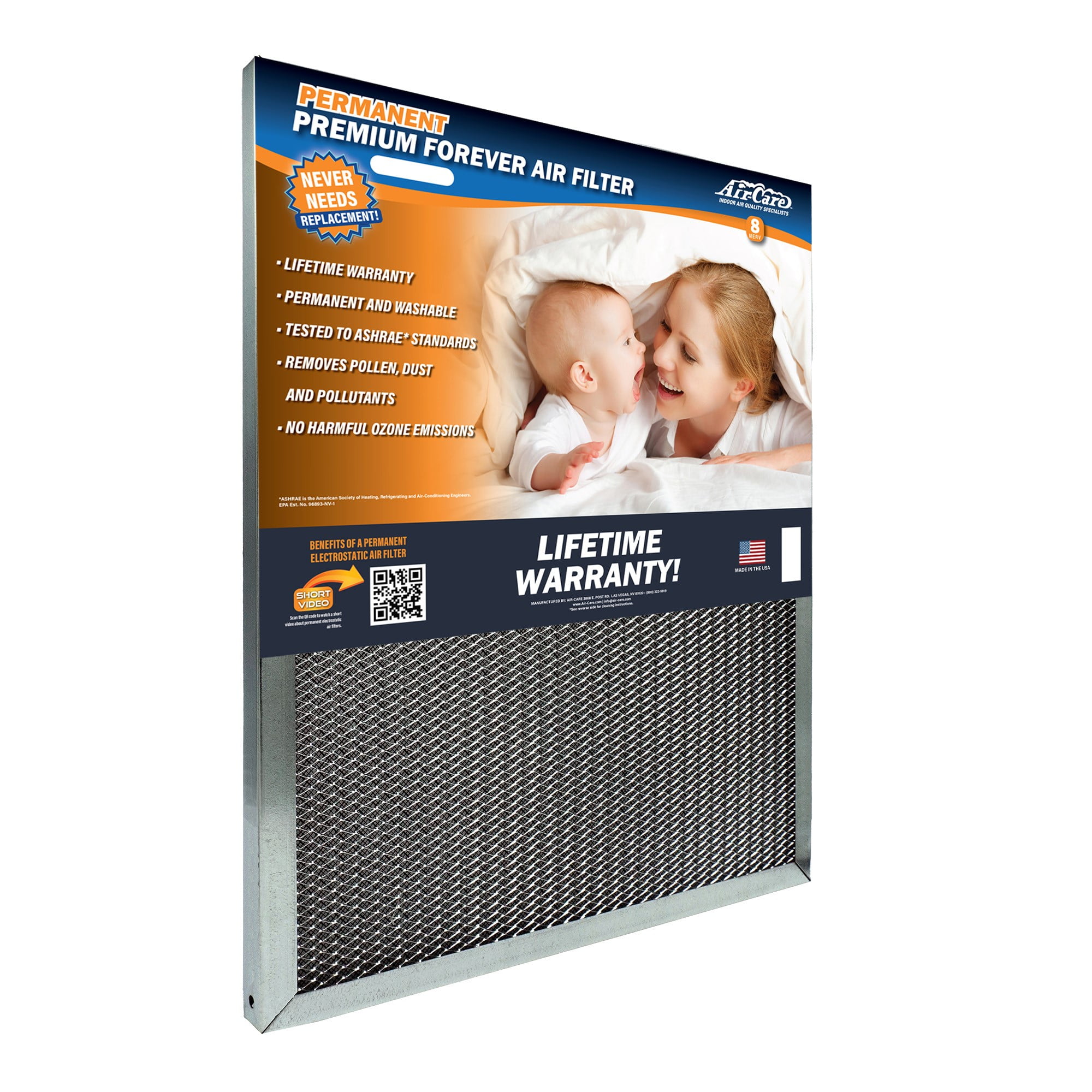 Air-Care 20x20x1 Permanent Washable Electrostatic HVAC Furnace Air Filter, MERV 8, Allergen & Dust Reduction