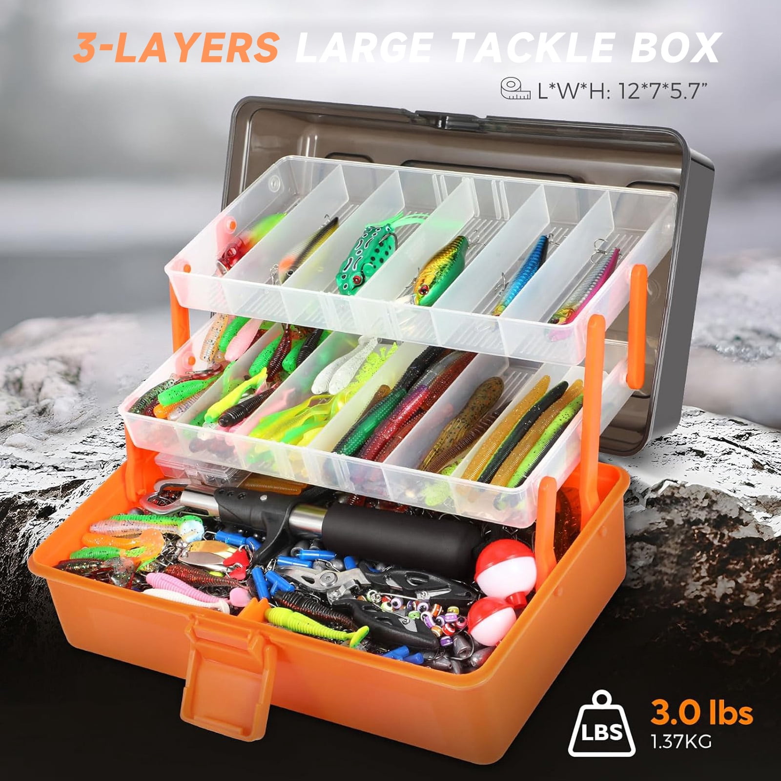 OUTGOO Large 3-Layer Fishing Tackle Box with Tackle Included, 415Pcs Fishing Lures Kit with Pliers, Crankbait, Hooks, Weights & Accessories, Freshwater Bass Fishing Gear and Equipment, Gift for Men