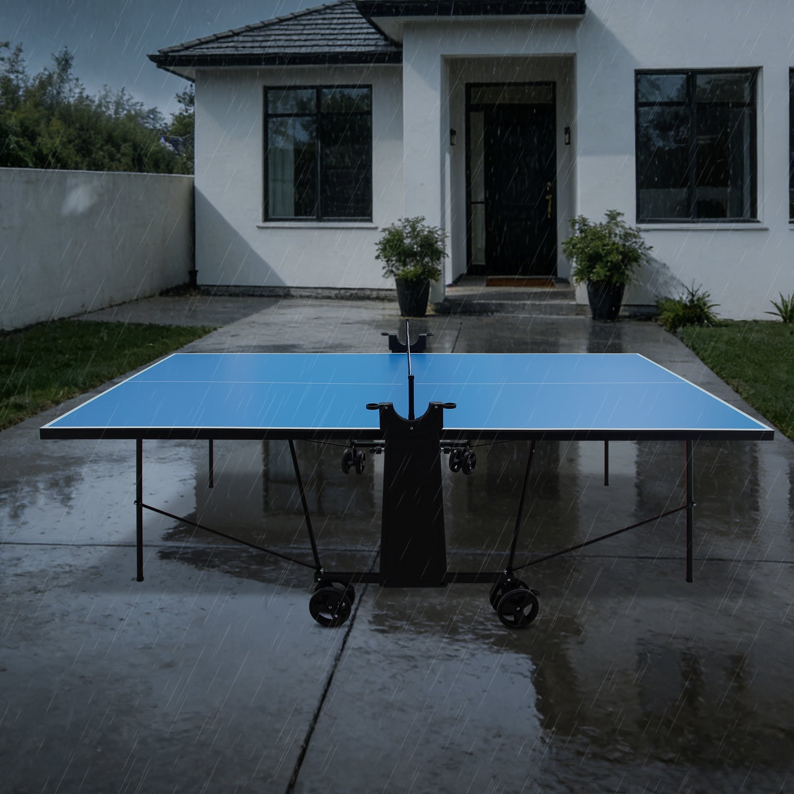 KLB Sport Outdoor/Indoor Foldable Table Tennis Table with Wheels, Weather-Resistant Mobile Ping Pong Table Set with Net, 2 Paddles & 3 Balls, Regulation Size Waterproof Ping Pong Table