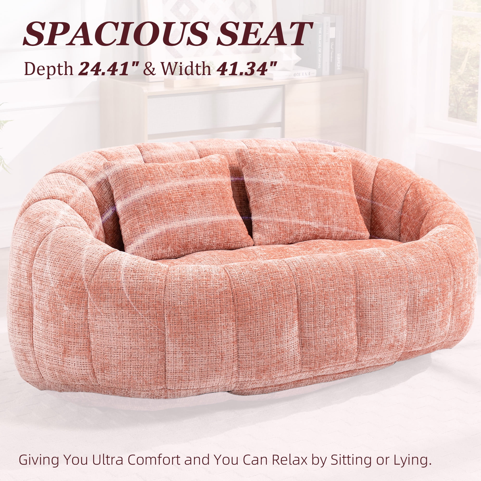 MOONMISS Large 59'' Bean Bag Chair for Adults,Chenille Shell-Shaped Couch with Two Pillows,Oversized Single Sofa,Pink