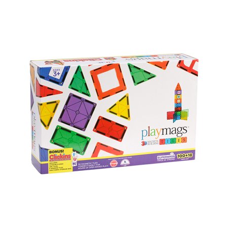 Building Tiles 100-Piece Magnetic Building Geometric Tiles Learn Shapes, Colors, & Alphabet – STEM Magnetic Toys Develop Motor Skills & Creativity, Colorful, Durable