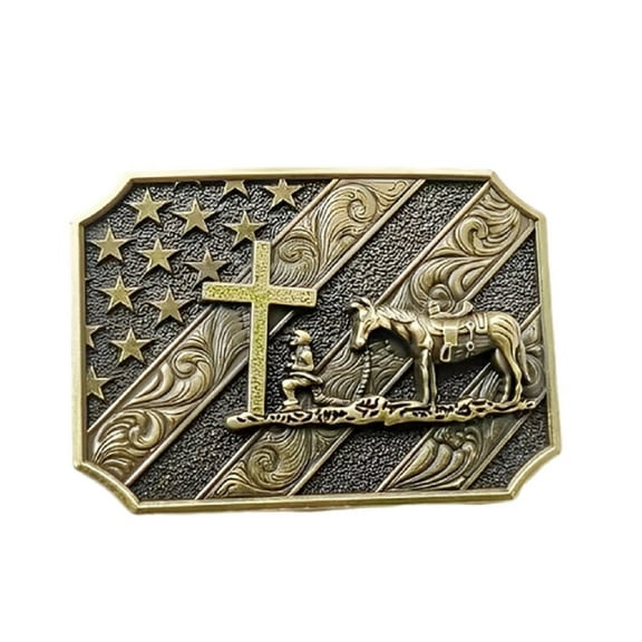 Fachoice Kneeling Cross Prayer Horse Belt Buckle for Men American US Flag Horse Cross Belt Buckle, Celtic Horse Cross Belt Buckle