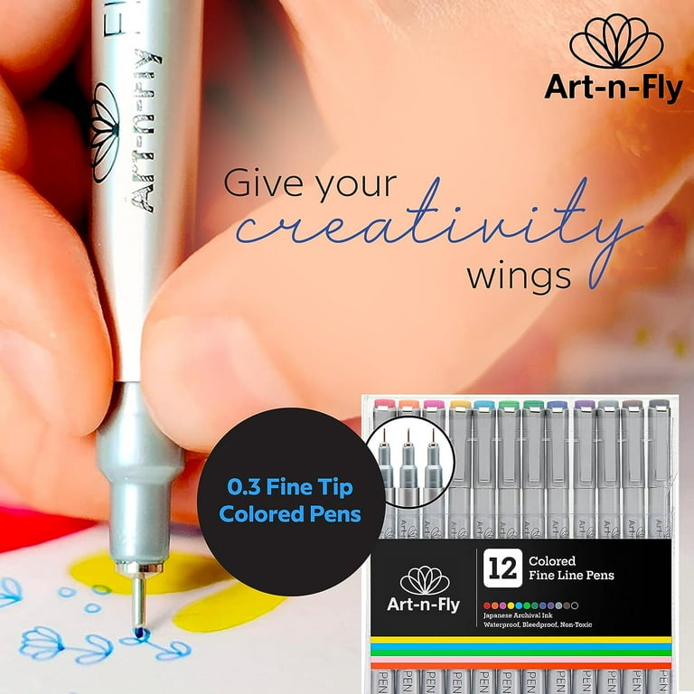 Art-n-fly Colored Fine Point Pens Set of 12 - Drawing Fineliner Pens with Japanese Archival Ink 0.3mm - No Bleed Multi Color Marker Fine Tip Pens for