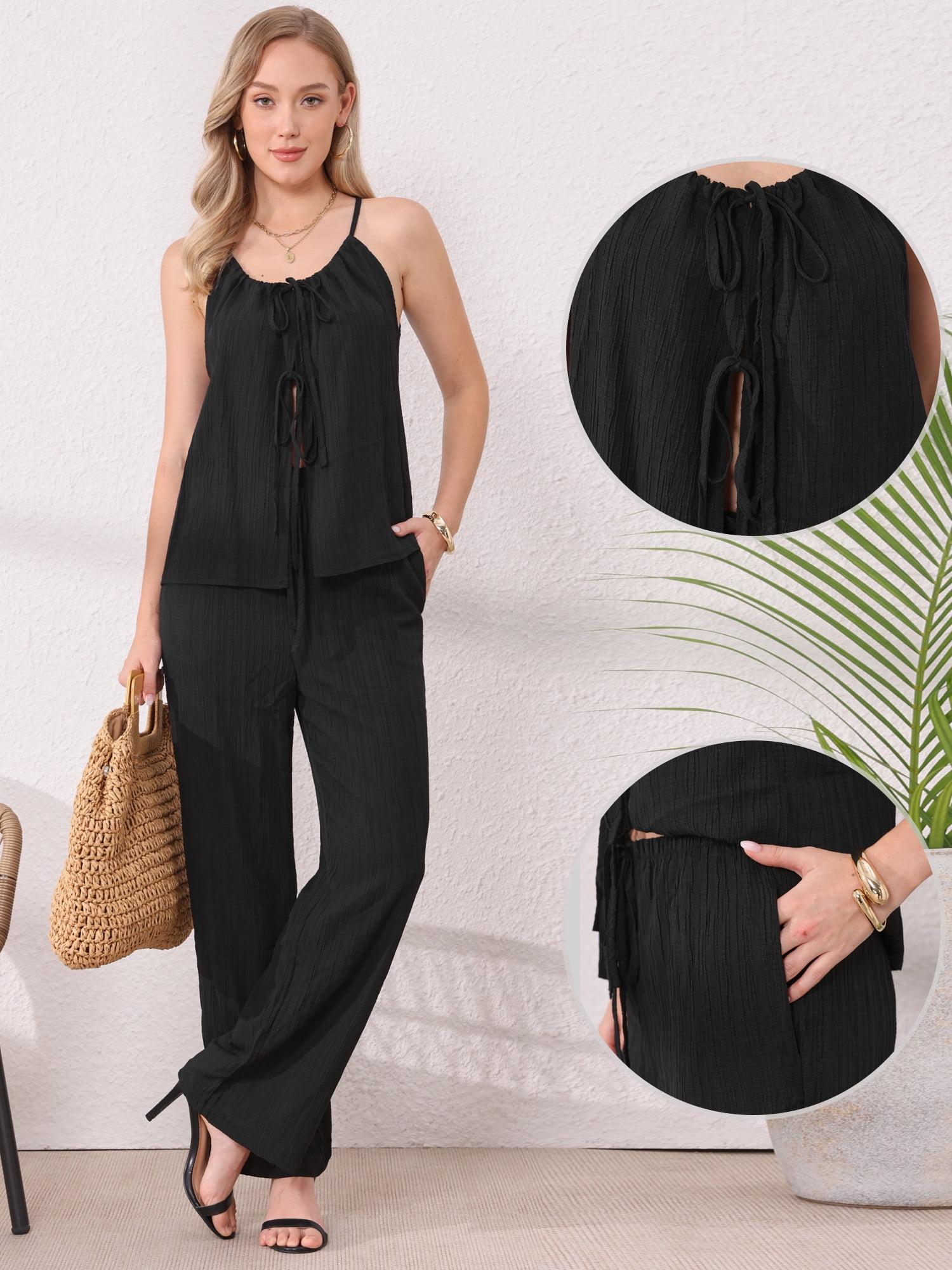 DARING DIVA 2Pcs Women's Sleeveless Tie Front Top Wide Leg Pant Lounge Set L Black