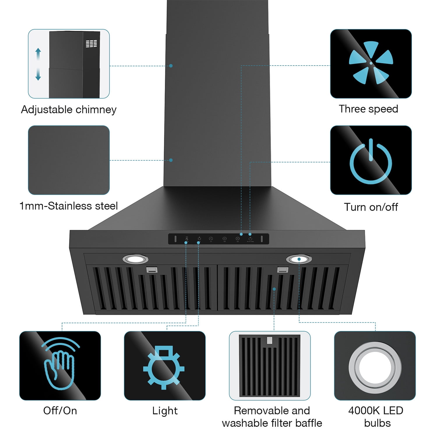 VIKIO 30 inch Ducted 900-CFM Black Wall-Mounted Range Hood with LED Lighting